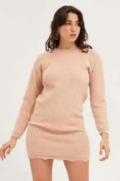 Beige Dress Long Sleeve Mini Knit