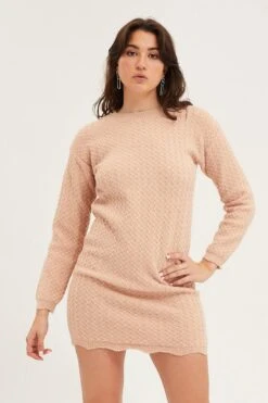 Beige Dress Long Sleeve Mini Knit -Midi Dresses Style skater dress camel dress long sleeve mini knit 32965383651521