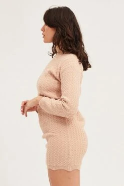 Beige Dress Long Sleeve Mini Knit -Midi Dresses Style skater dress camel dress long sleeve mini knit 32965383684289