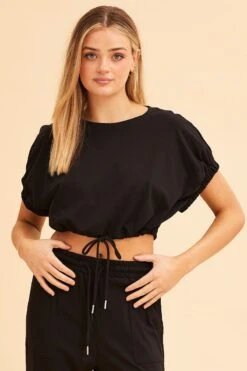 Black Crop Top Short Sleeve Relaxed Fit Elastic Detail -Midi Dresses Style sweat black crop top short sleeve relaxed fit elastic detail 33006700036289