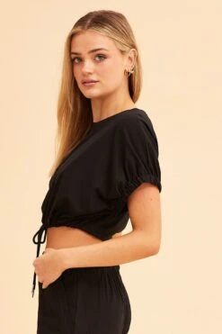 Black Crop Top Short Sleeve Relaxed Fit Elastic Detail -Midi Dresses Style sweat black crop top short sleeve relaxed fit elastic detail 33006700069057