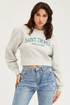 Grey Graphic Sweater Semi Crop