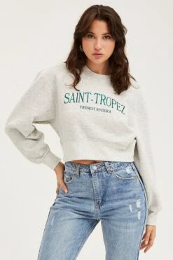 Grey Graphic Sweater Semi Crop -Midi Dresses Style sweater grey graphic sweater semi crop 32967459438785