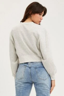 Grey Graphic Sweater Semi Crop -Midi Dresses Style sweater light grey graphic sweater semi crop 32967459504321