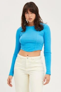 Blue Crop Top Long Sleeve Bust Detail -Midi Dresses Style top blue crop top long sleeve bust detail 32966160908481