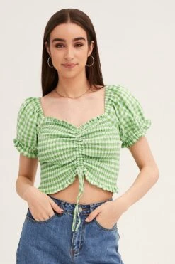 Check Crop Top Short Sleeve Ruched Front -Midi Dresses Style top check crop top short sleeve ruched front 33140871594177