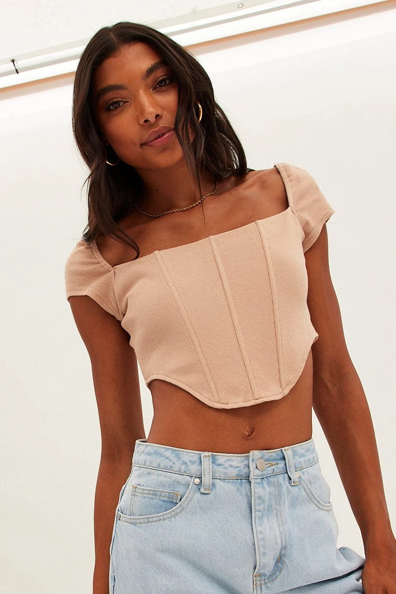 Beige Corset Crop Top Short Sleeve Square Neck 5 Beige Corset Crop Top Short Sleeve Square Neck - Image 3
