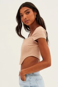 Beige Corset Crop Top Short Sleeve Square Neck 11 Beige Corset Crop Top Short Sleeve Square Neck -Midi Dresses Style top nude corset crop top short sleeve square neck 33462083813569