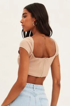 Beige Corset Crop Top Short Sleeve Square Neck 12 Beige Corset Crop Top Short Sleeve Square Neck -Midi Dresses Style top nude corset crop top short sleeve square neck 33462083846337