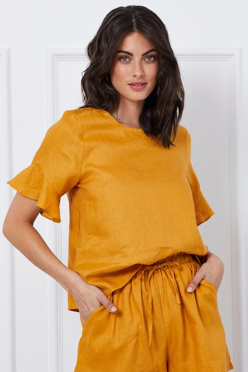 Yellow Crop Top Short Sleeve Relaxed Linen 3 Yellow Crop Top Short Sleeve Relaxed Linen