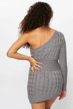 Grey One Shoulder Cable Knit Dress 12 Grey One Shoulder Cable Knit Dress -Midi Dresses Style trial f dress grey one shoulder cable knit dress 32965779194049