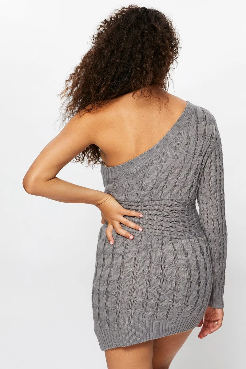 Grey One Shoulder Cable Knit Dress 7 Grey One Shoulder Cable Knit Dress - Image 5