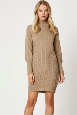 Beige Knit Dress Long Sleeve Mini