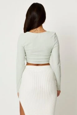 Green Rib Crop Top Long Sleeve -Midi Dresses Style tshirt semi crop green rib crop top long sleeve 32966078464193