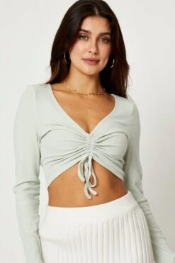 Green Rib Crop Top Long Sleeve -Midi Dresses Style tshirt semi crop green rib crop top long sleeve 32966078529729