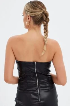 Black Faux Leather Corset Sleeveless Strapless Bandeau -Midi Dresses Style wc0113x 33cb black 5