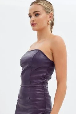 Purple Faux Leather Corset Sleeveless Strapless Bandeau -Midi Dresses Style wc0113x 33cb plum 4