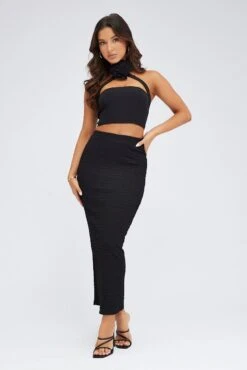 Black Crop Top Halter Neck Rose Rosette Detail -Midi Dresses Style wc1071 36zb black 2