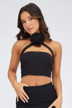 Black Crop Top Halter Neck Rose Rosette Detail -Midi Dresses Style wc1071 36zb black 3