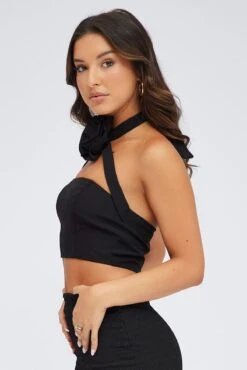 Black Crop Top Halter Neck Rose Rosette Detail -Midi Dresses Style wc1071 36zb black 4