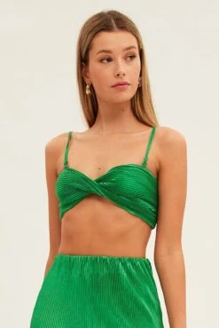 Green Plisse Top Sleeveless Crop Twist Front Bralette -Midi Dresses Style wc1180x 38wb green 3