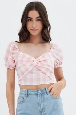 Pink Check Gingham Twist Front Crop Top -Midi Dresses Style wc12433b f check 3