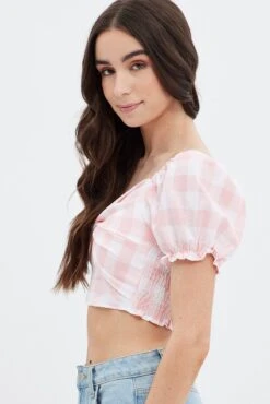 Pink Check Gingham Twist Front Crop Top -Midi Dresses Style wc12433b f check 4