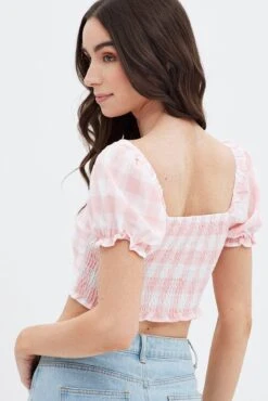 Pink Check Gingham Twist Front Crop Top -Midi Dresses Style wc12433b f check 5