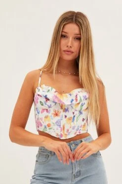 White Floral Corset Style Crop Top
