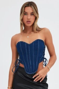 Denim Corset Crop Top Side Tie DetailsZip Back Denim -Midi Dresses Style wc1459 84w mid wash 3