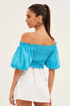 Blue Shirred Top Volume Short Sleeve Crop Linen Blend -Midi Dresses Style wc1493 38w ocean 5