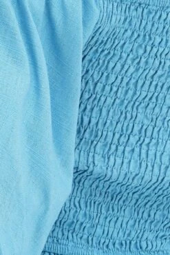 Blue Shirred Top Volume Short Sleeve Crop Linen Blend -Midi Dresses Style wc1493 38w ocean 6