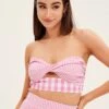 Pink Check Bandeau Twist Front Sleeveless Crop -Midi Dresses Style wc17379bx 81wb check 1