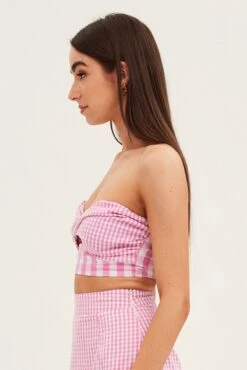 Pink Check Bandeau Twist Front Sleeveless Crop -Midi Dresses Style wc17379bx 81wb check 4