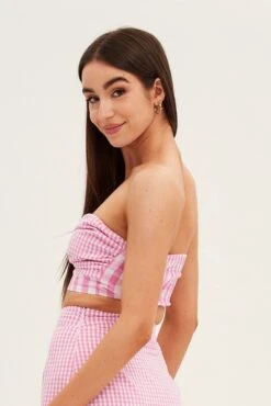 Pink Check Bandeau Twist Front Sleeveless Crop -Midi Dresses Style wc17379bx 81wb check 5