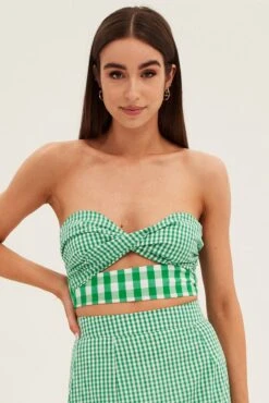 Green Check Bandeau Twist Front Sleeveless Crop -Midi Dresses Style wc17379cx 81wb check 3