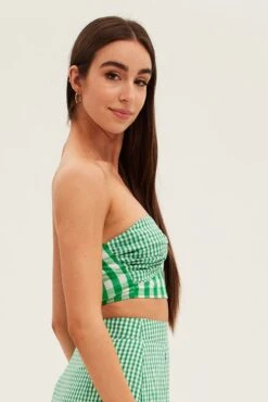 Green Check Bandeau Twist Front Sleeveless Crop -Midi Dresses Style wc17379cx 81wb check 5