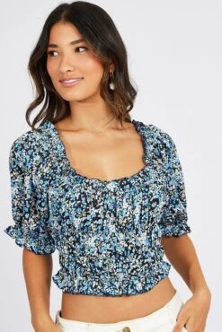 Blue Ditsy Crop Top Short Sleeve Satin -Midi Dresses Style wc1957 47w ditsy 3