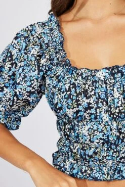 Blue Ditsy Crop Top Short Sleeve Satin -Midi Dresses Style wc1957 47w ditsy 6