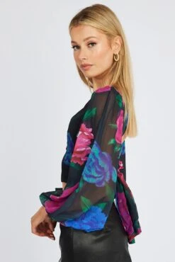 Multi Floral Plunge Crop Top Balloon Sleeve Tie Back -Midi Dresses Style wc2055ax 33zb floral 4