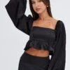Black Crop Top Long Sleeve Square Neck Frill Hem Satin -Midi Dresses Style wc7068x 36cb black 1