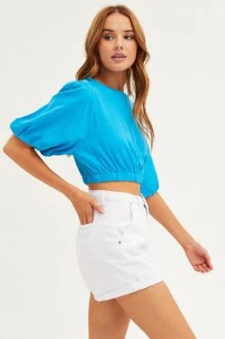 Blue Crop Top Half Sleeve Boat Neck Linen Blend -Midi Dresses Style wc9074x 47w ocean 4