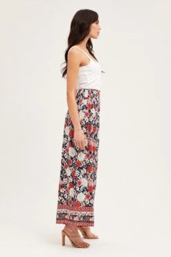 Boho Print Wide Leg Pants High Rise Elastic Waist -Midi Dresses Style wide leg pants boho print wide leg pants high rise elastic waist 33006688141505