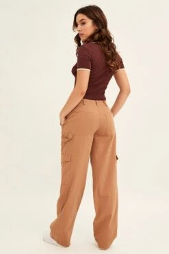 Beige Cargo Pant Mid Rise -Midi Dresses Style wide leg pants camel cargo pant mid rise 32980834910401