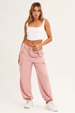 Pink Cargo Parachute Pants Out Pocket -Midi Dresses Style wide leg pants pink cargo parachute pants out pocket 32980819673281