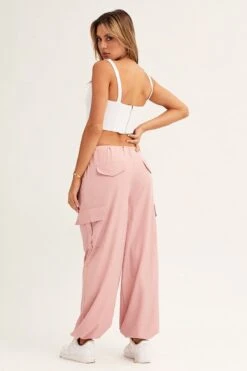 Pink Cargo Parachute Pants Out Pocket -Midi Dresses Style wide leg pants pink cargo parachute pants out pocket 32980819738817