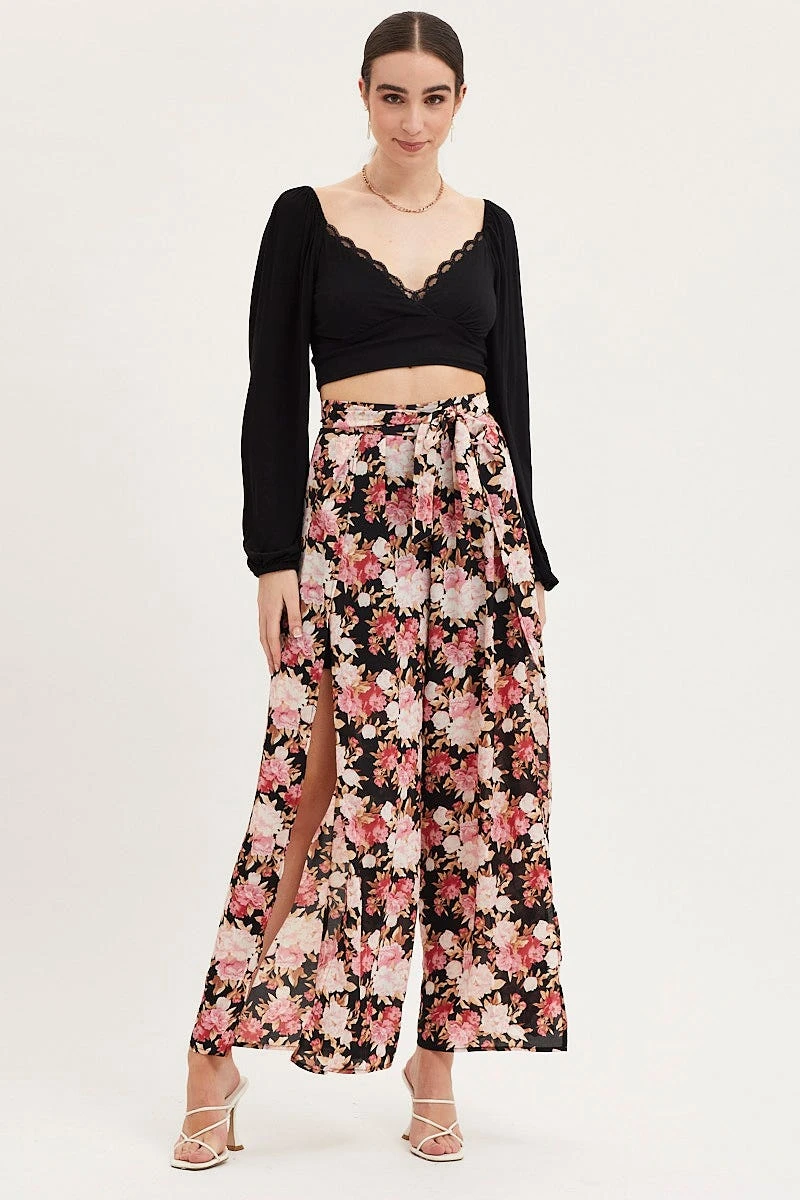 Print Wide Leg Pants High Rise Front Split 5 Print Wide Leg Pants High Rise Front Split - Image 3