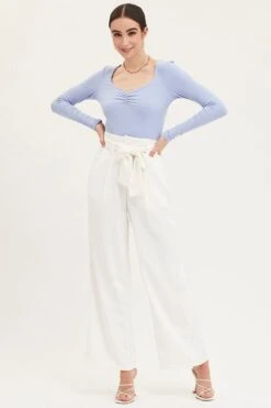 White Paper Bag Pants Wide Leg